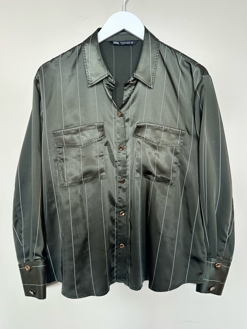 Zara Olive Green Pinstripe Satin Shirt